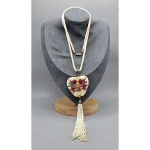 Vintage Cloisonne Enamel Colorful Peacock Tassle White Barrel Clasp Necklace N1D